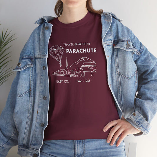 Travel Europe by Parachute and Easy Company T Shirt (light on dark)