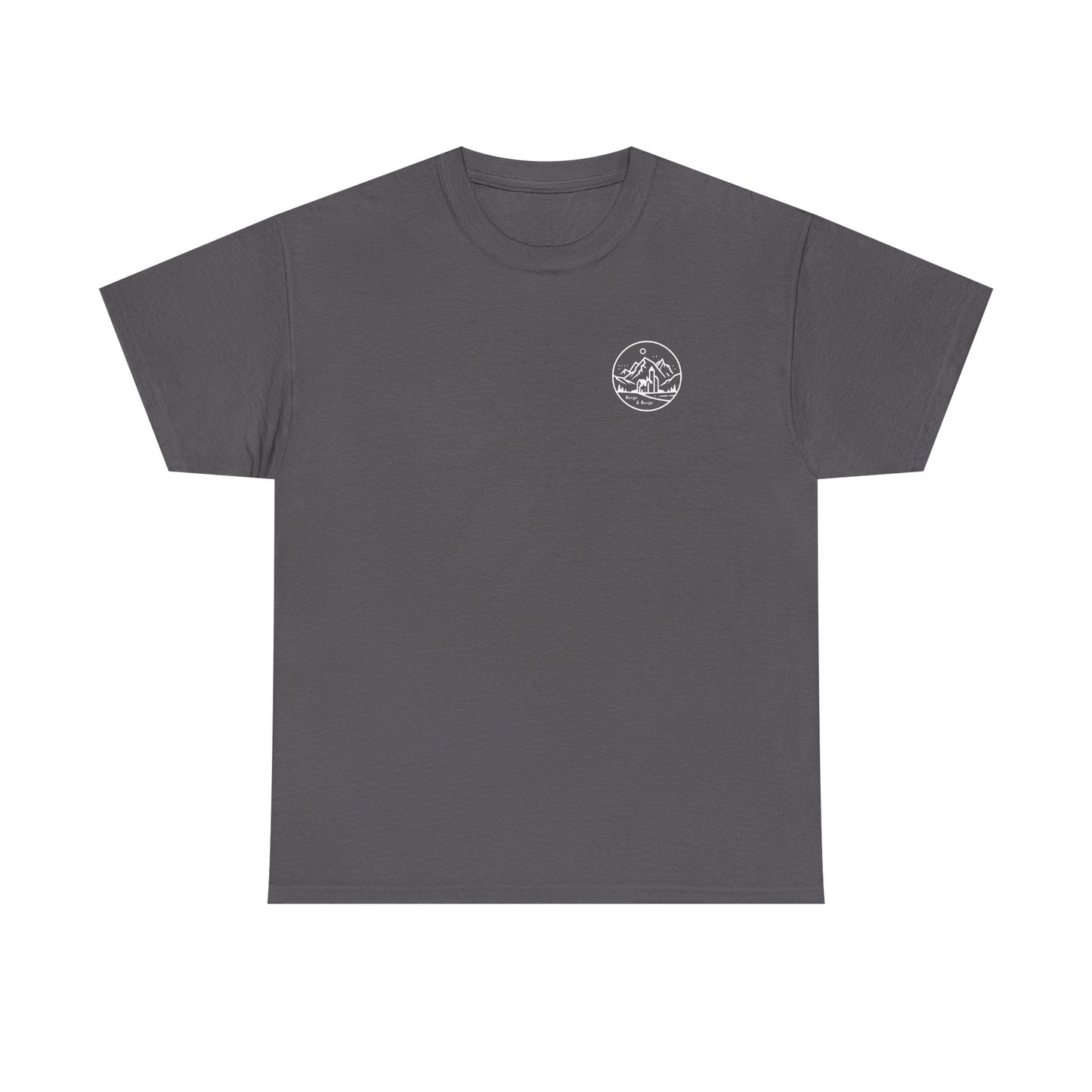 Travel Europe by Parachute with Bergs and Burgs Tee (light on dark)
