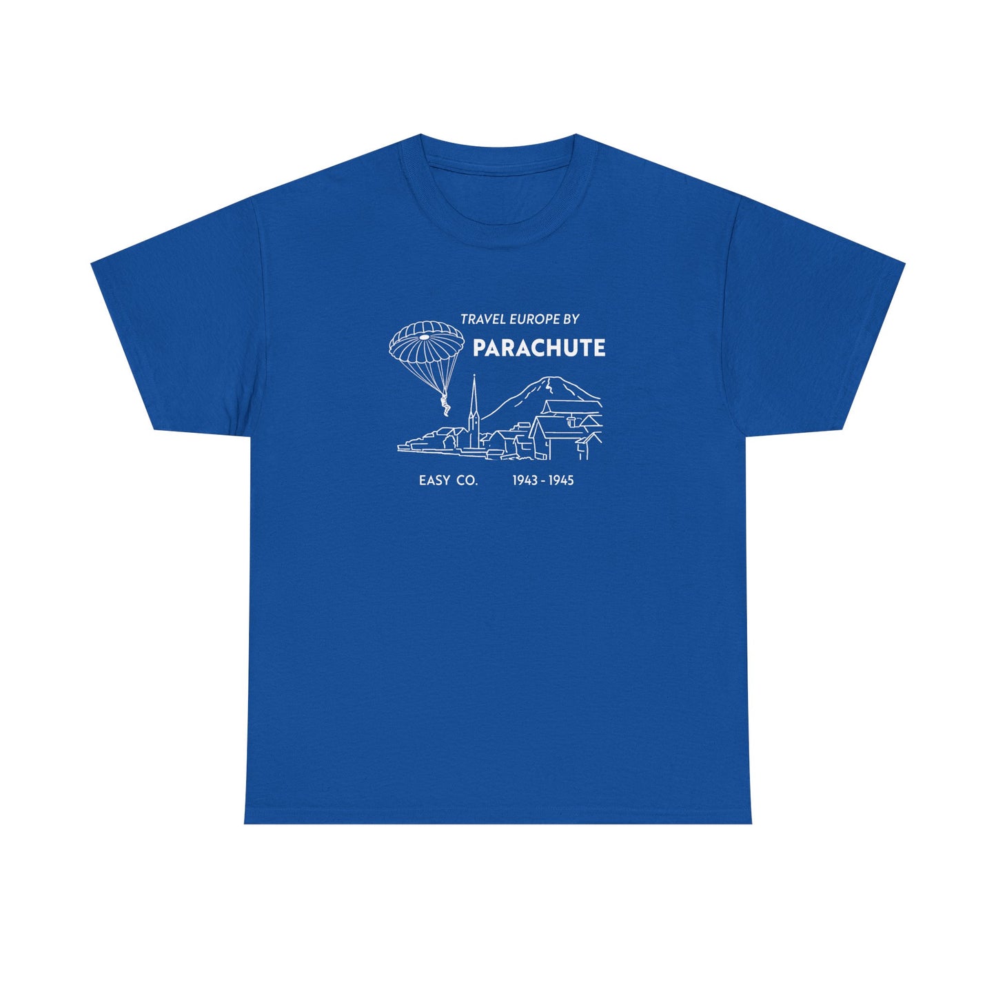 Travel Europe by Parachute and Easy Company T Shirt (light on dark)