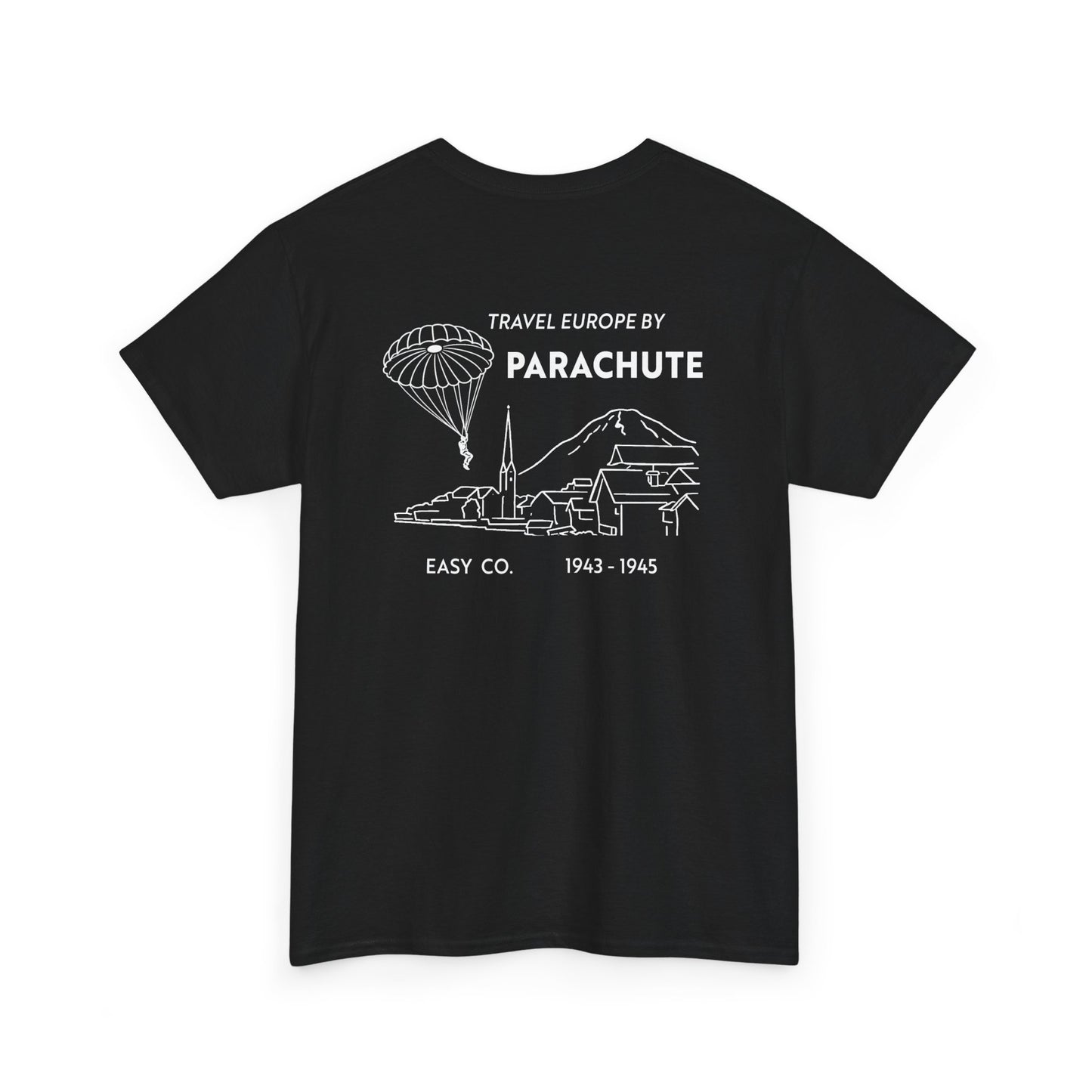 Travel Europe by Parachute with Bergs and Burgs Tee (light on dark)