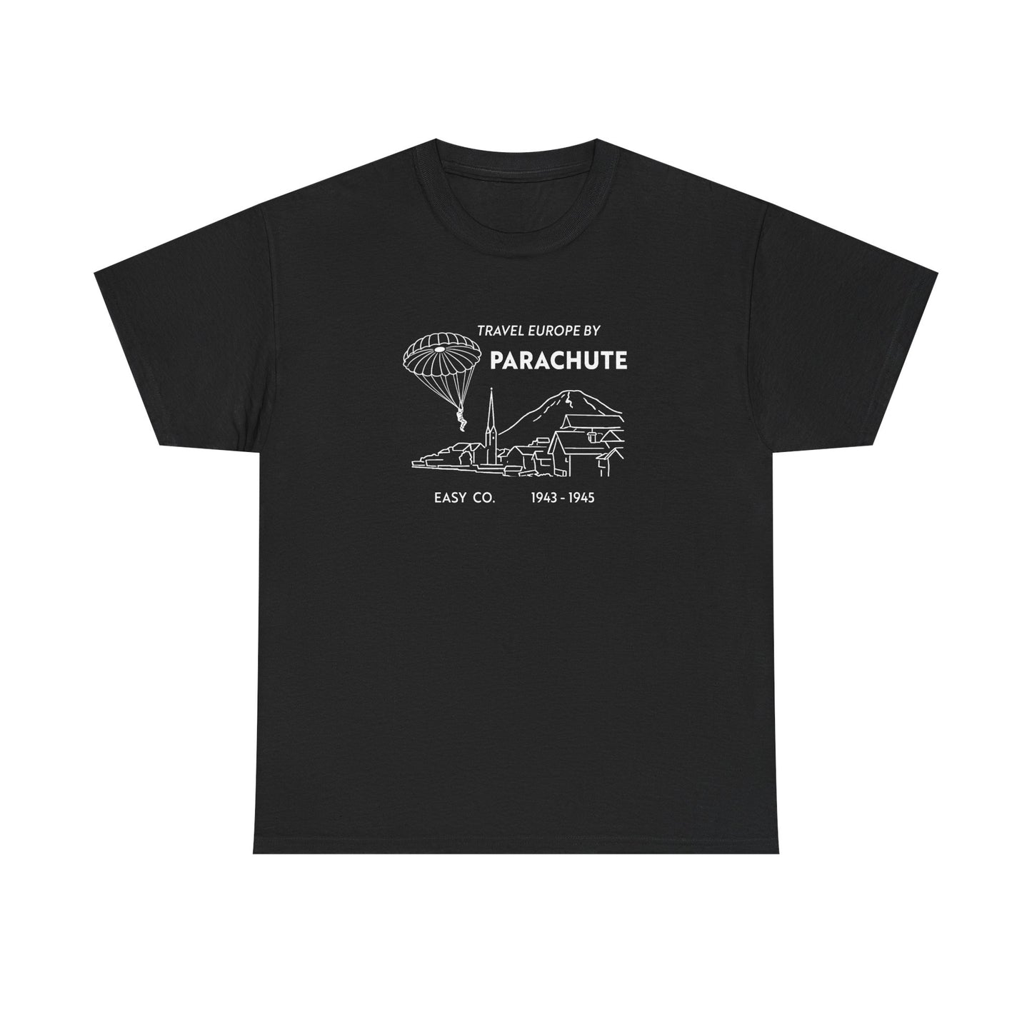 Travel Europe by Parachute and Easy Company T Shirt (light on dark)