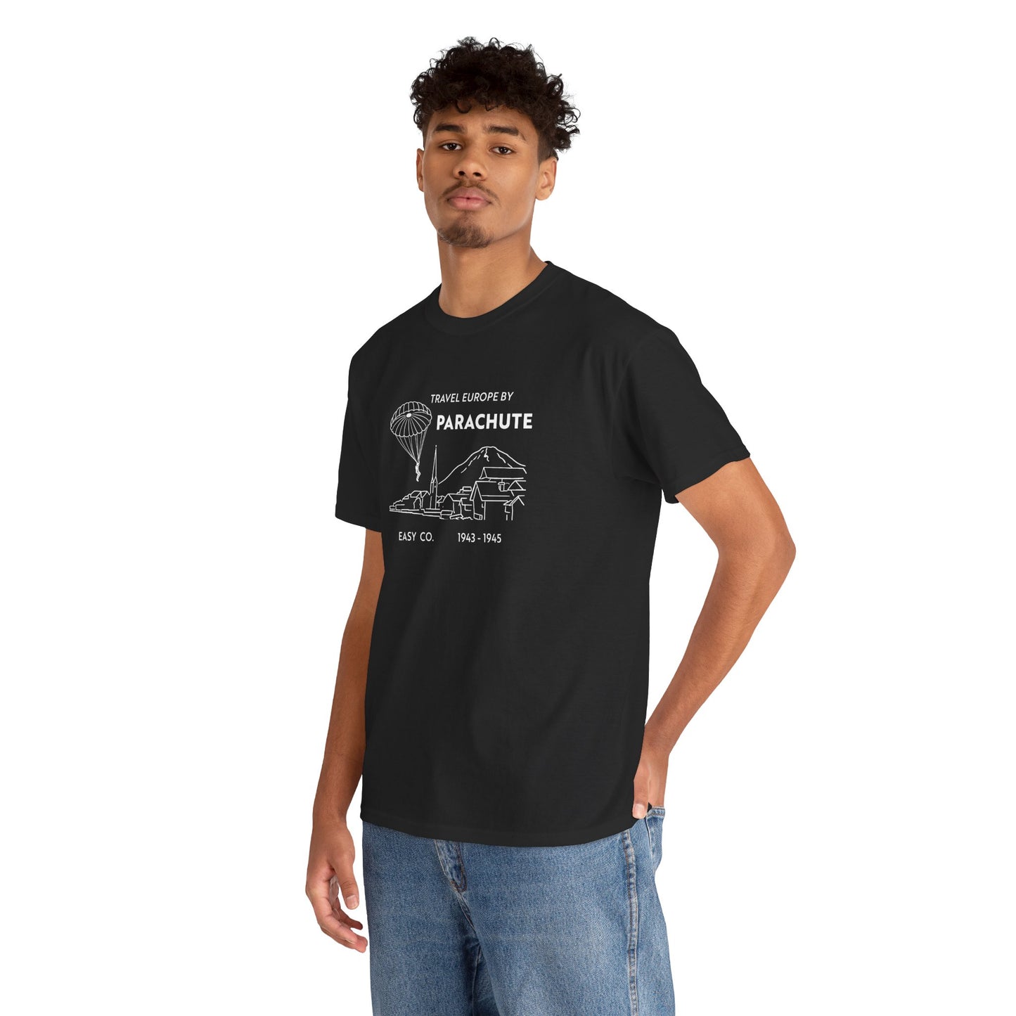 Travel Europe by Parachute and Easy Company T Shirt (light on dark)