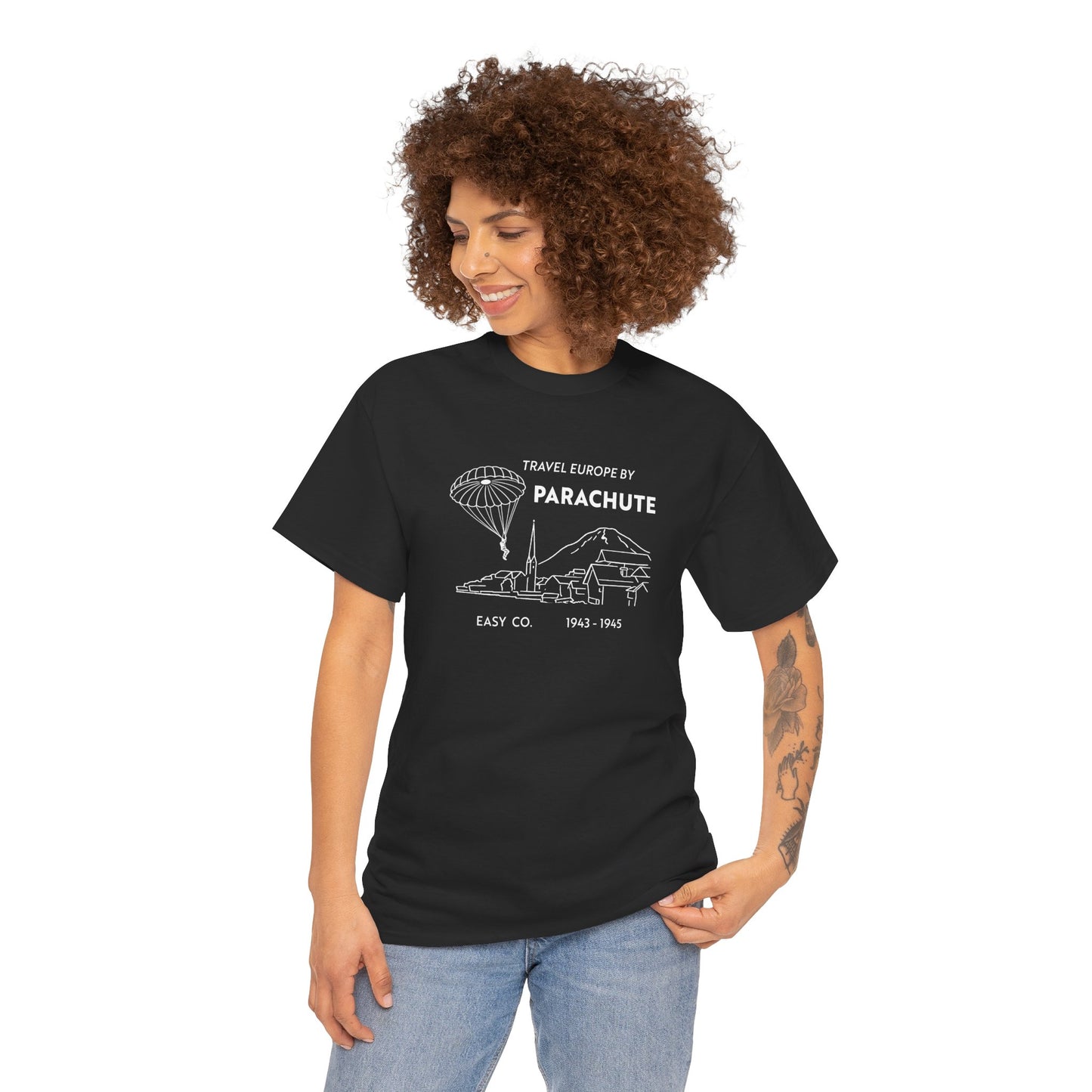 Travel Europe by Parachute and Easy Company T Shirt (light on dark)