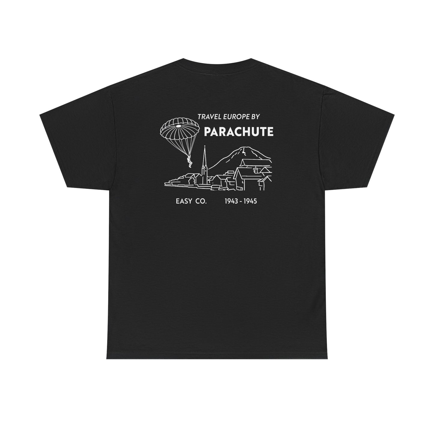 Travel Europe by Parachute with Bergs and Burgs Tee (light on dark)