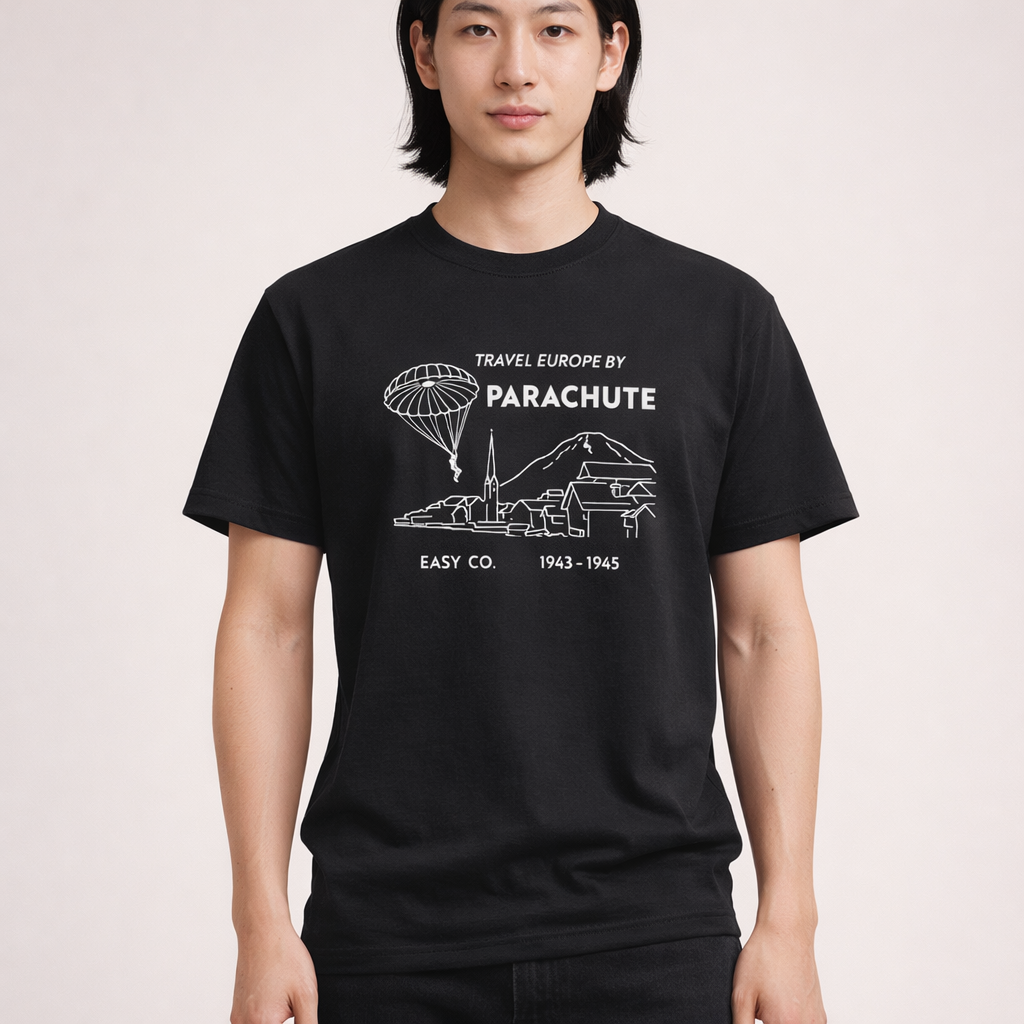 Travel Europe by Parachute and Easy Company T Shirt (light on dark)