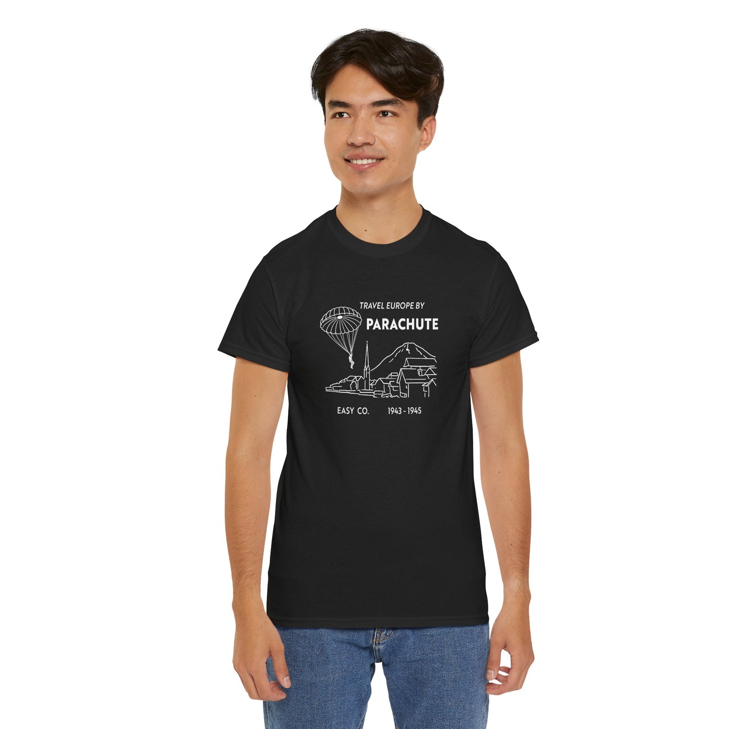 Travel Europe by Parachute and Easy Company T Shirt (light on dark)