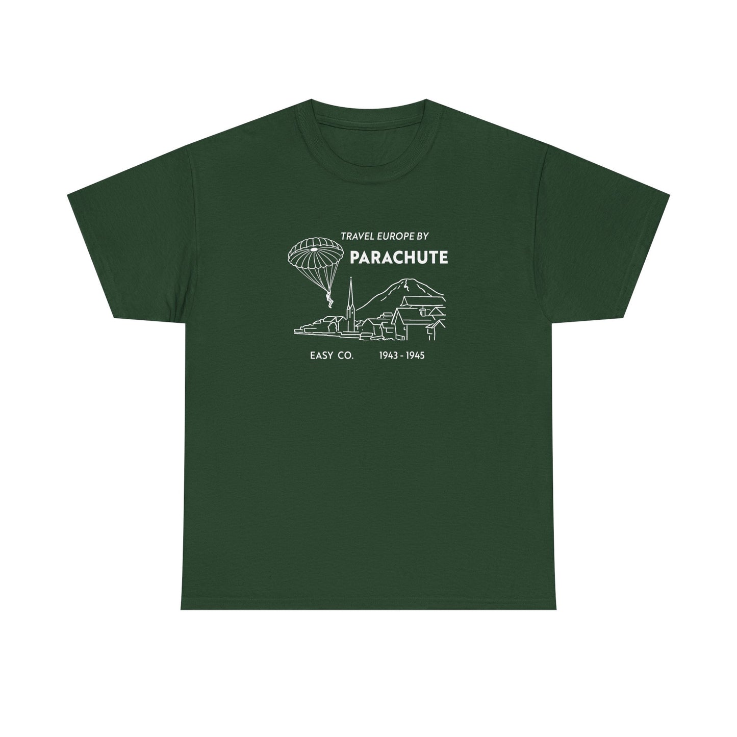 Travel Europe by Parachute and Easy Company T Shirt (light on dark)