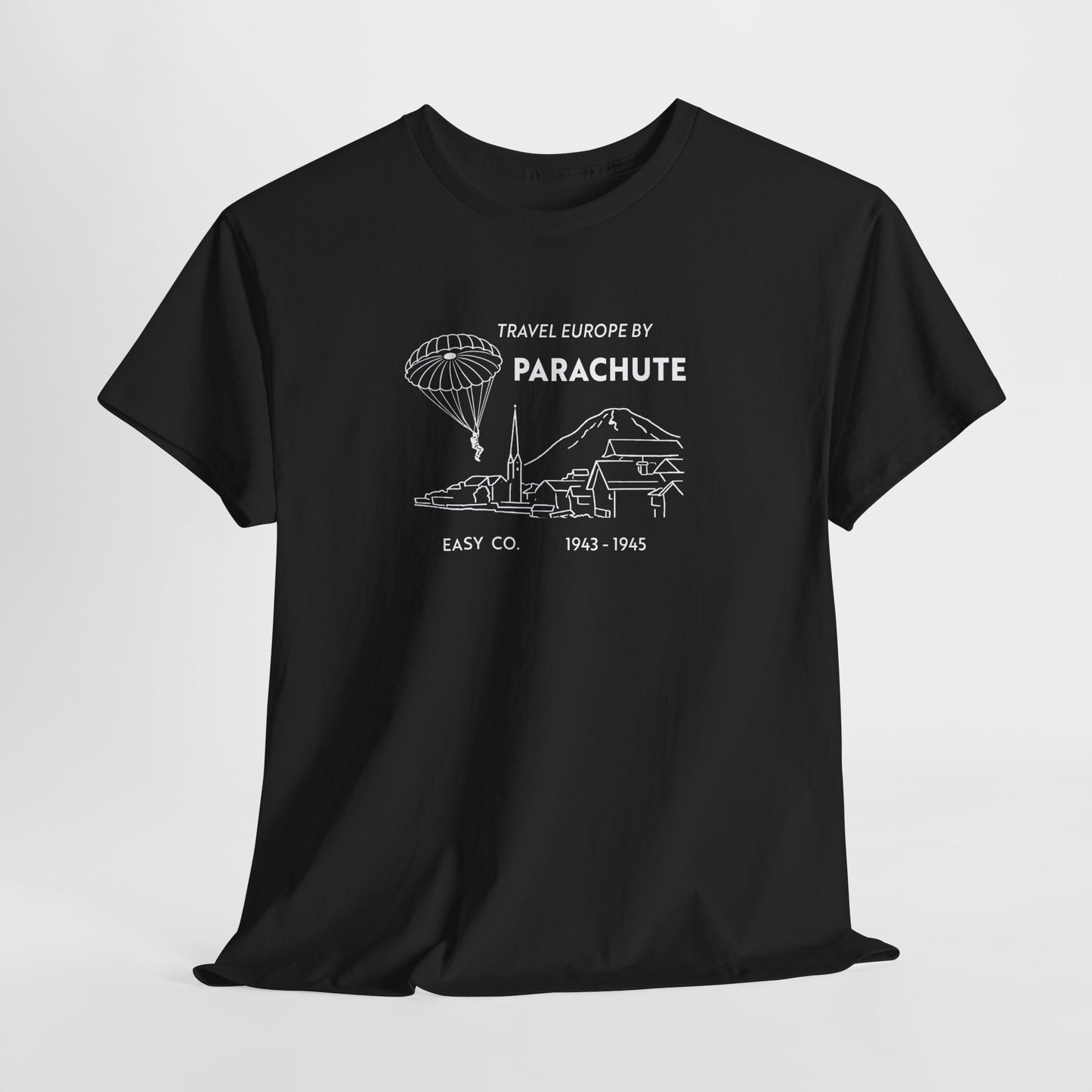 Travel Europe by Parachute and Easy Company T Shirt (light on dark)
