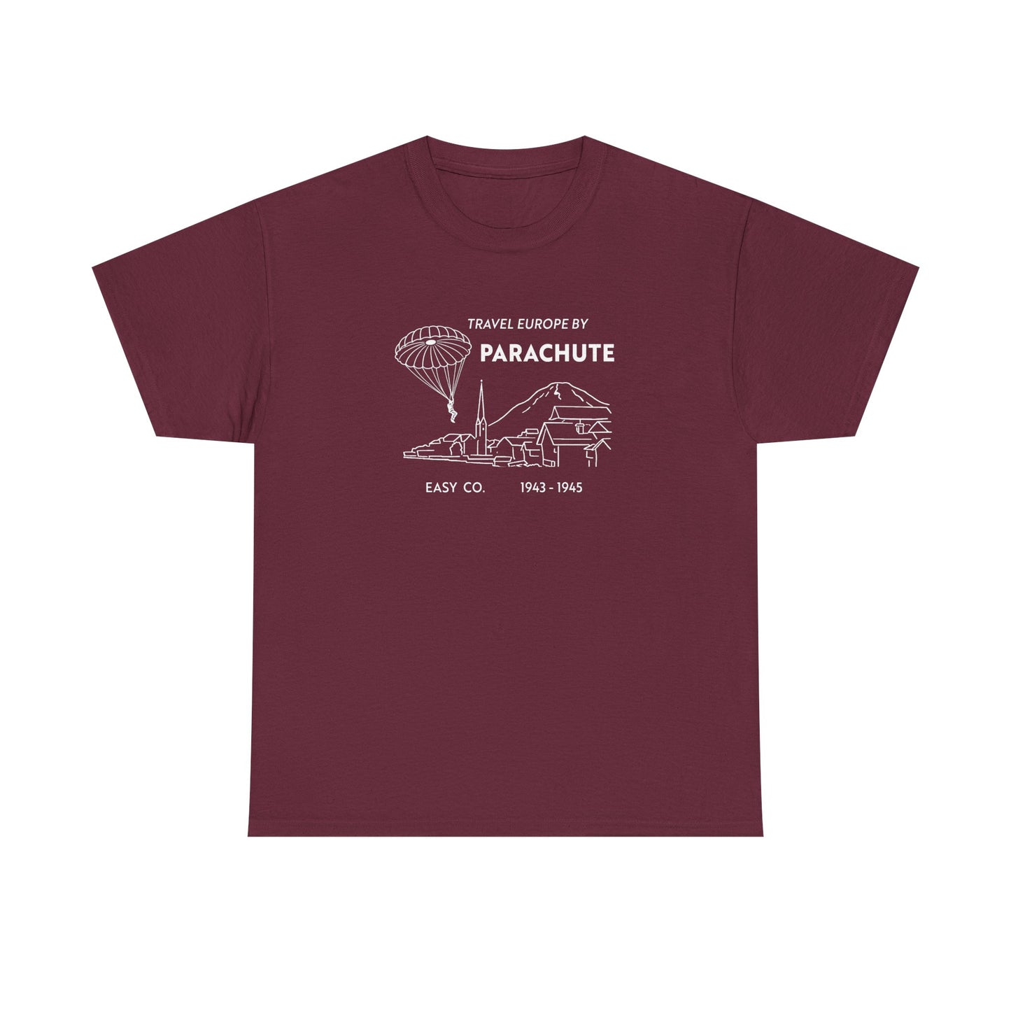 Travel Europe by Parachute and Easy Company T Shirt (light on dark)
