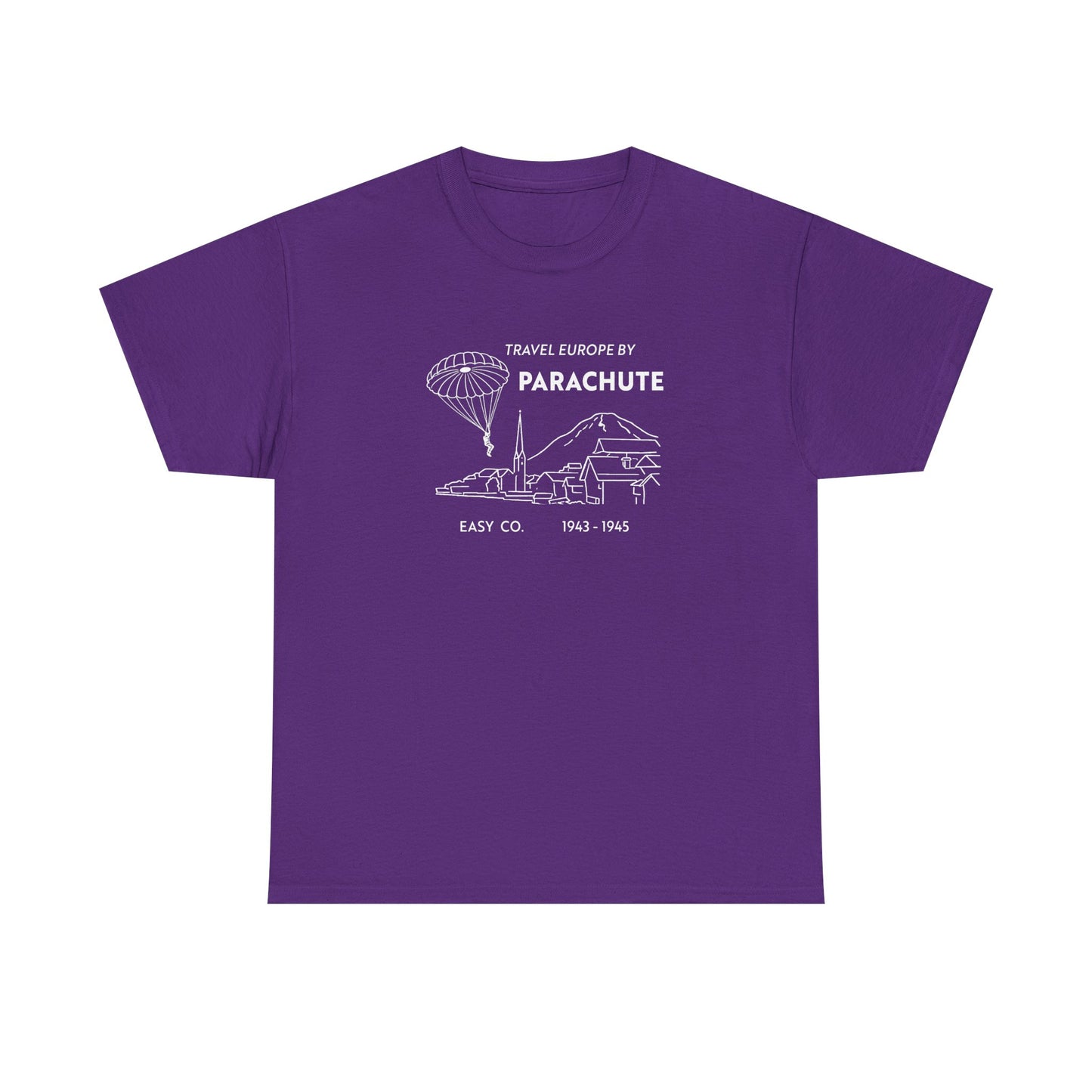 Travel Europe by Parachute and Easy Company T Shirt (light on dark)