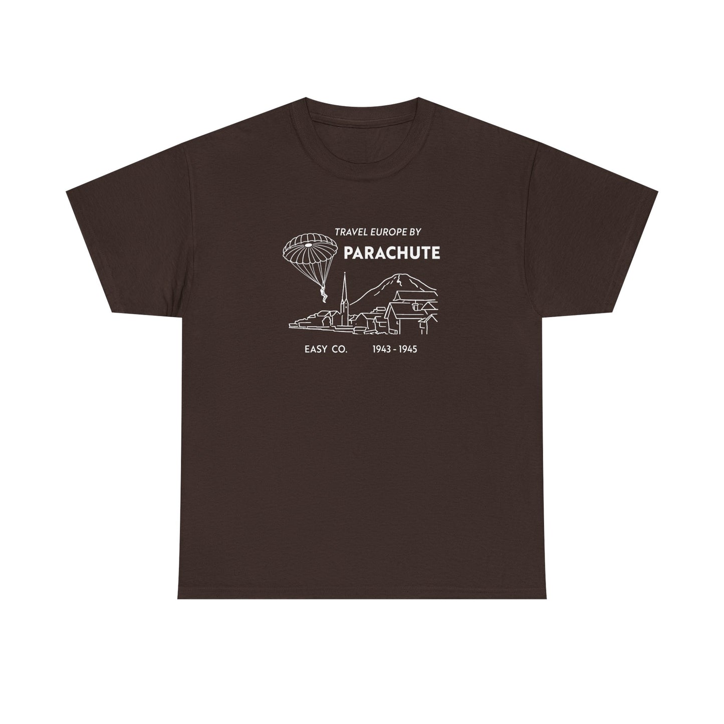 Travel Europe by Parachute and Easy Company T Shirt (light on dark)