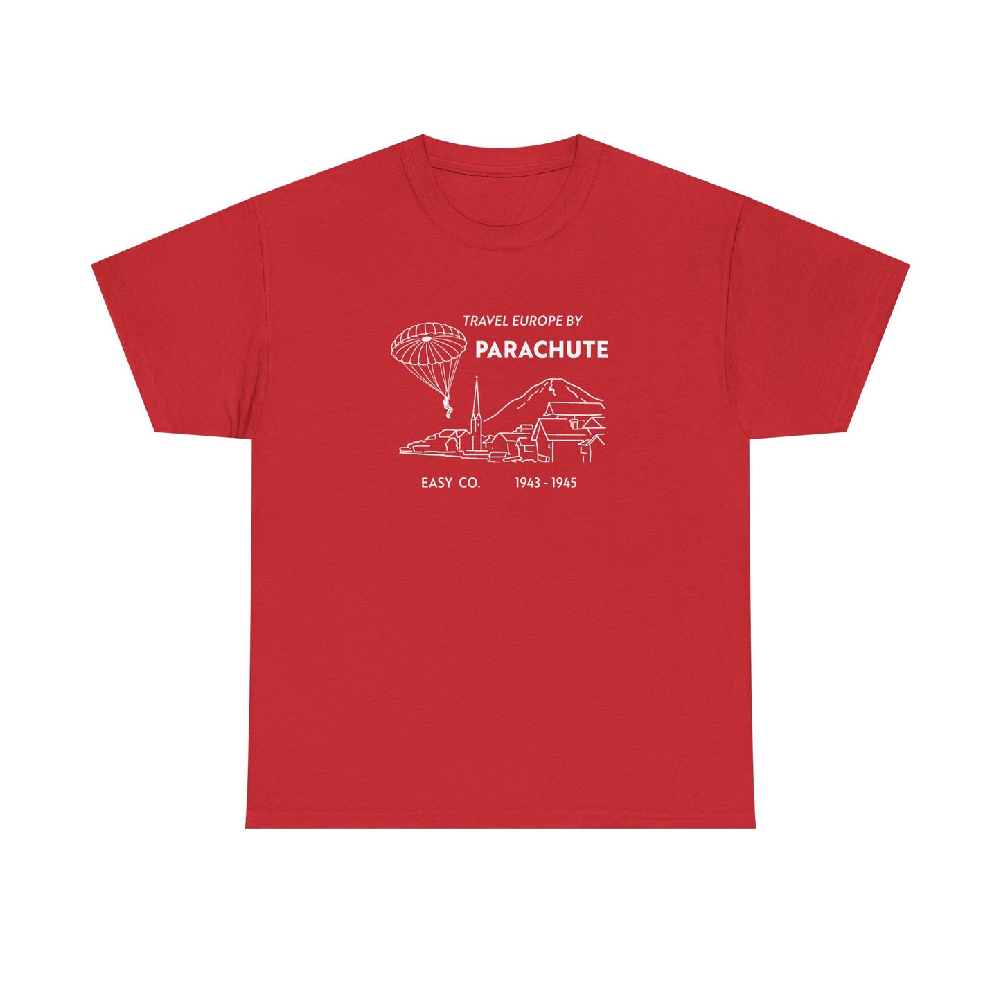 Travel Europe by Parachute and Easy Company T Shirt (light on dark)