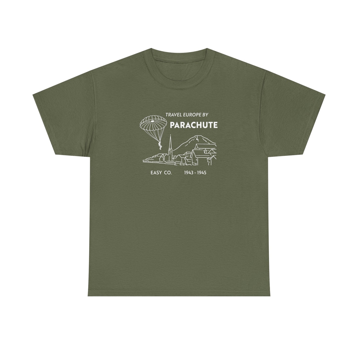 Travel Europe by Parachute and Easy Company T Shirt (light on dark)