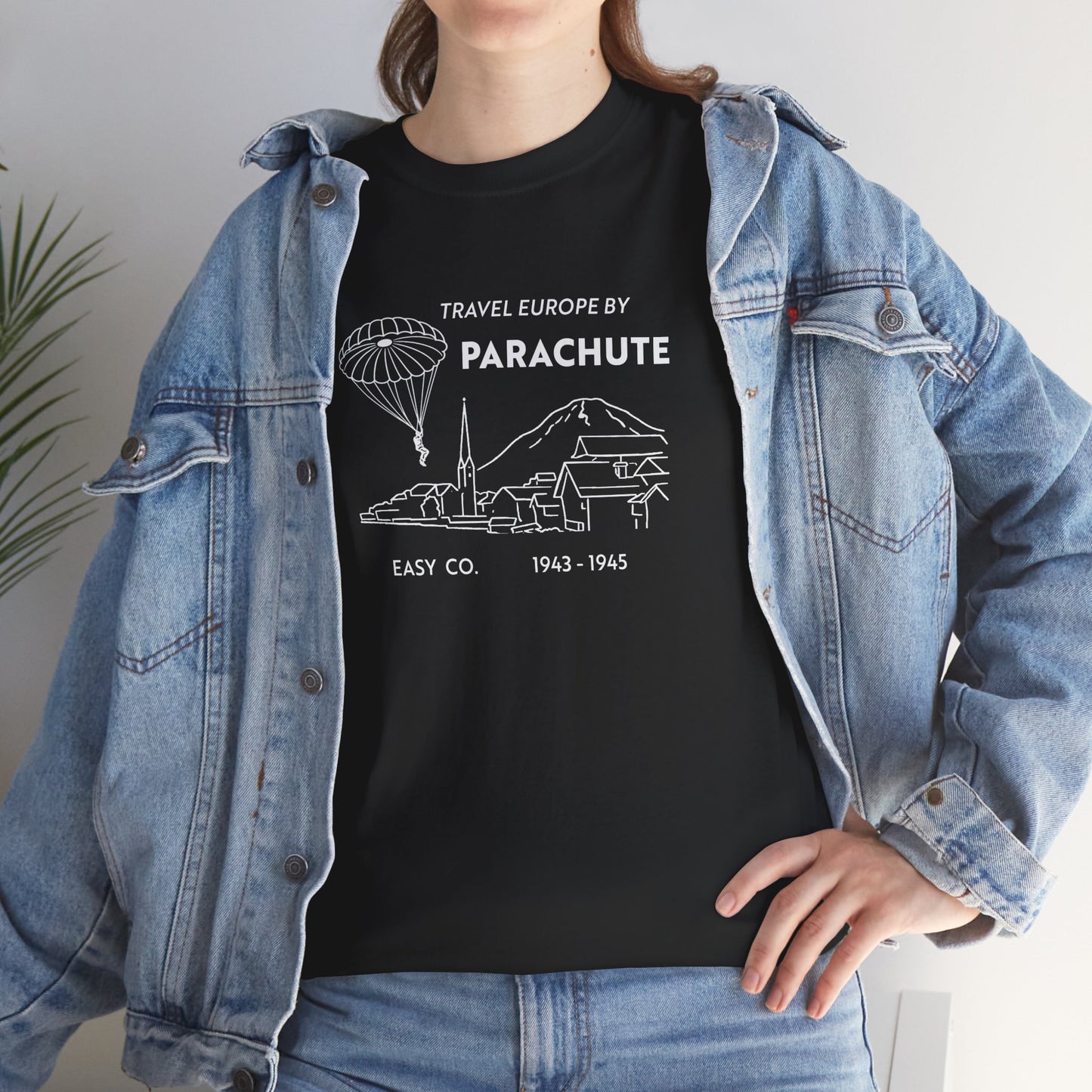 Travel Europe by Parachute and Easy Company T Shirt (light on dark)