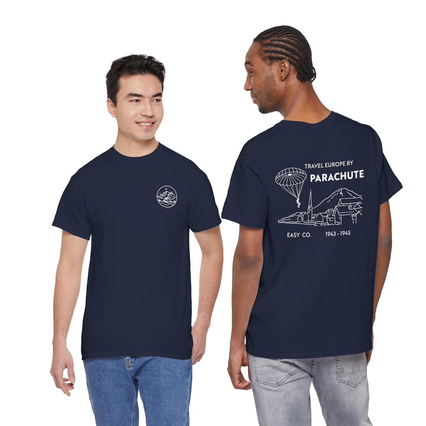 Travel Europe by Parachute with Bergs and Burgs Tee (light on dark)