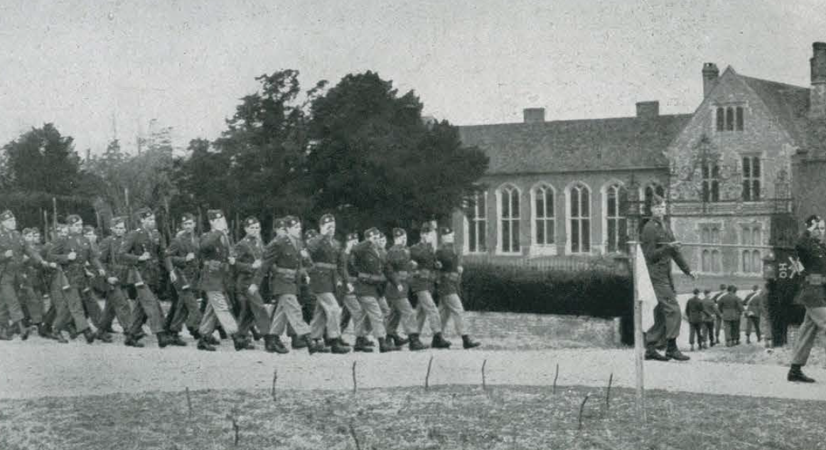 Paratrooper on parade outside of Littlecote Manor in 1944.